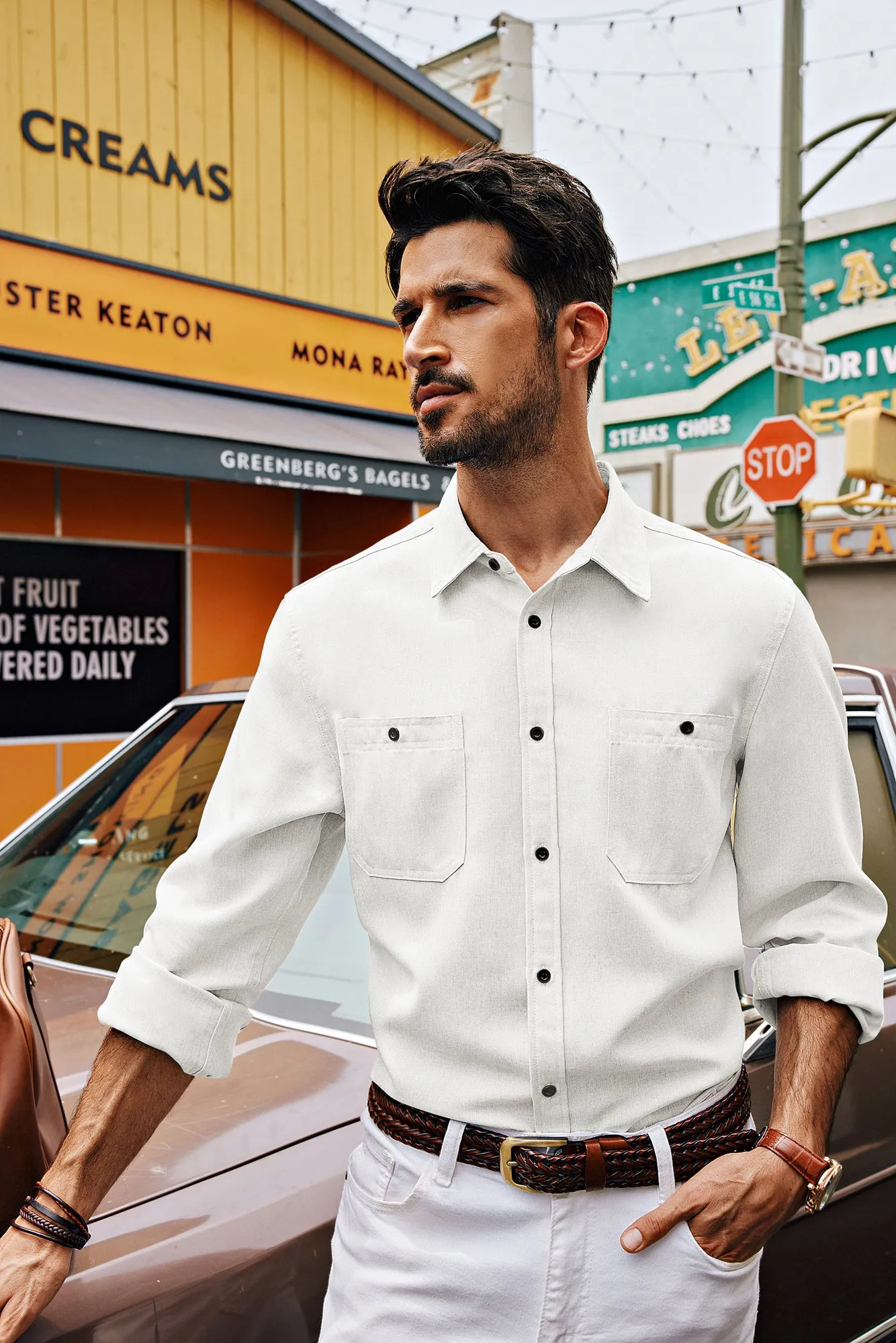 Men Curved Hem Shirt Casual Long Sleeve Classic Collar Button-up Tops