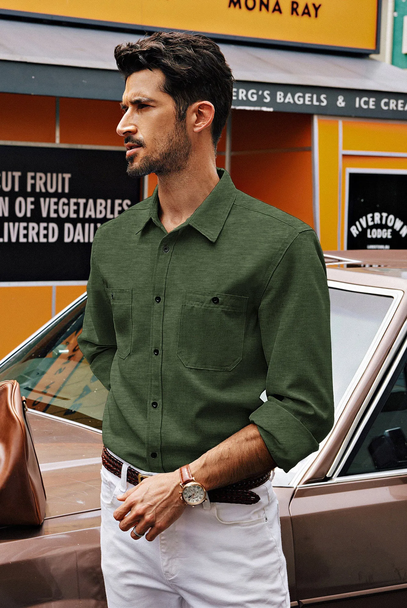 Men Curved Hem Shirt Casual Long Sleeve Classic Collar Button-up Tops