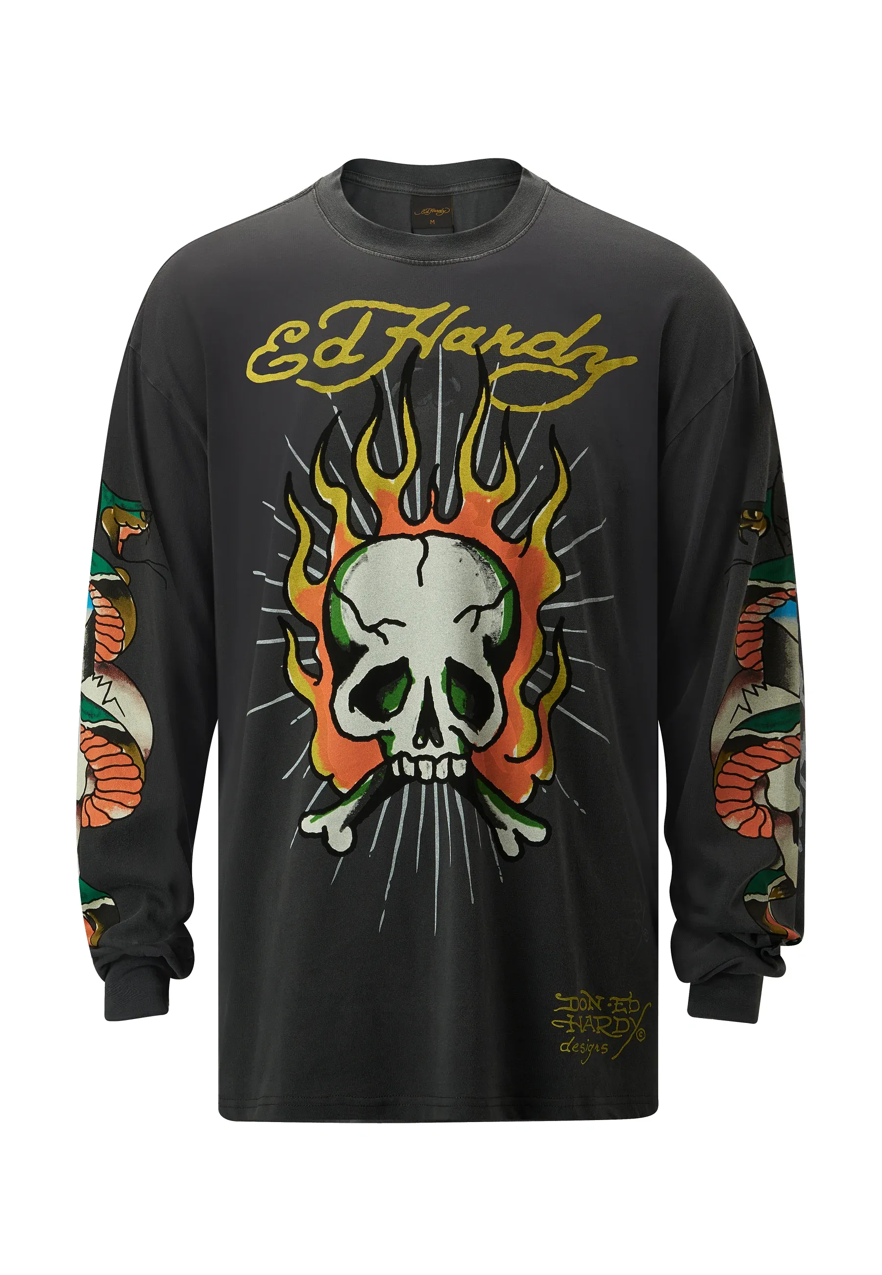 Mens Skull-Flame Long Sleeve T-Shirt - Charcoal