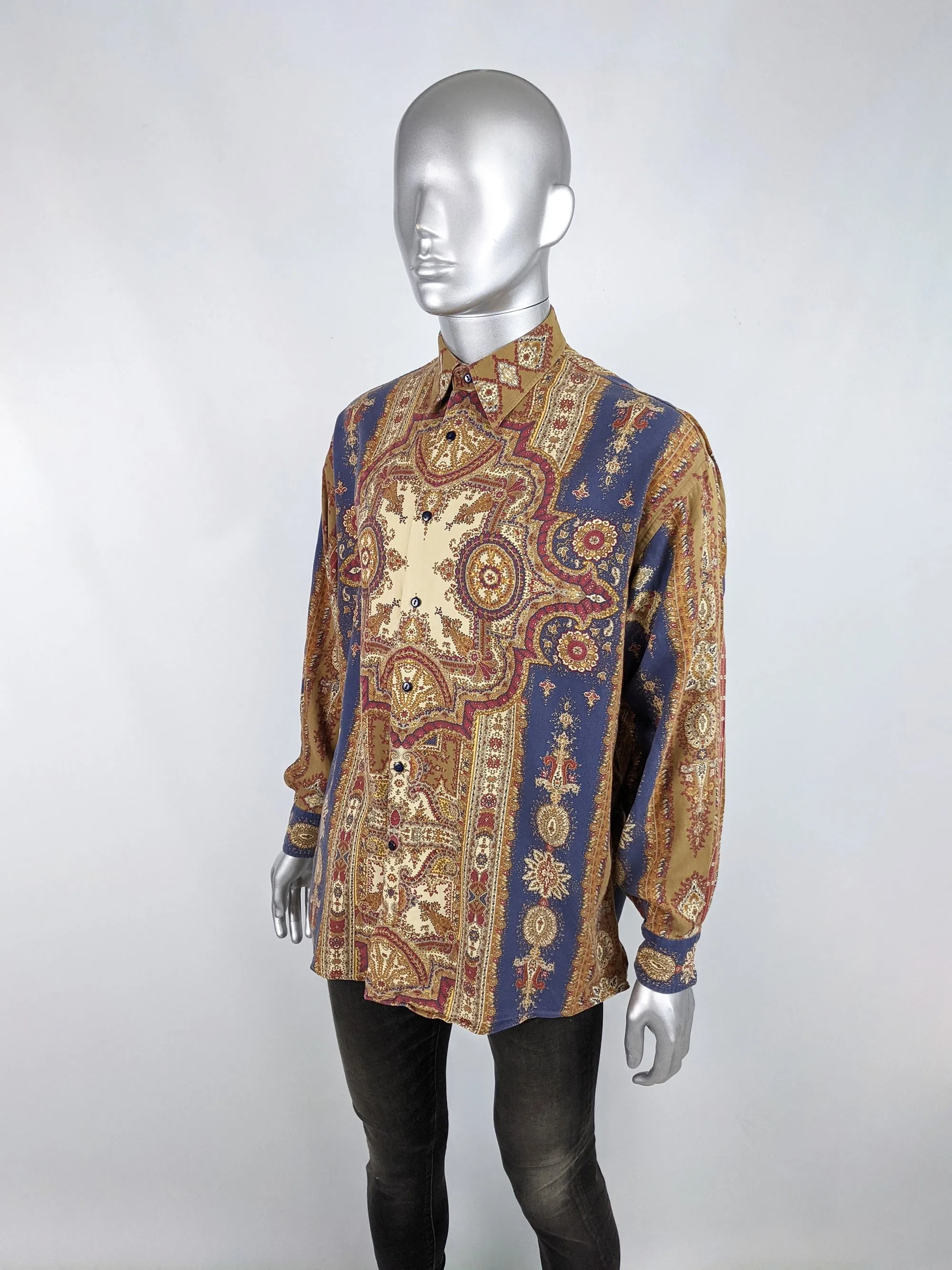 Mens Vintage Patterned Tapestry Print Long Sleeve Shirt, 1990s