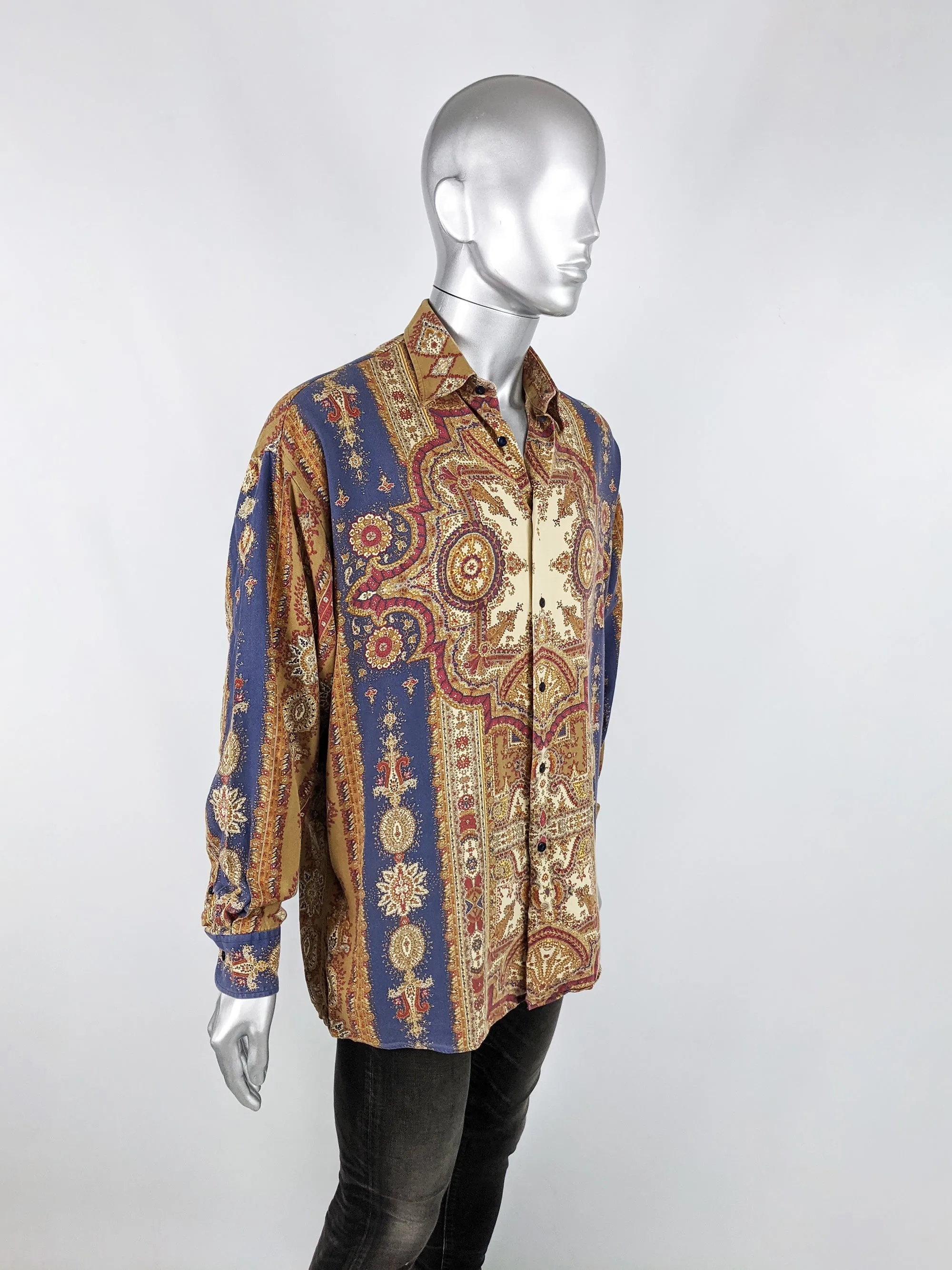 Mens Vintage Patterned Tapestry Print Long Sleeve Shirt, 1990s