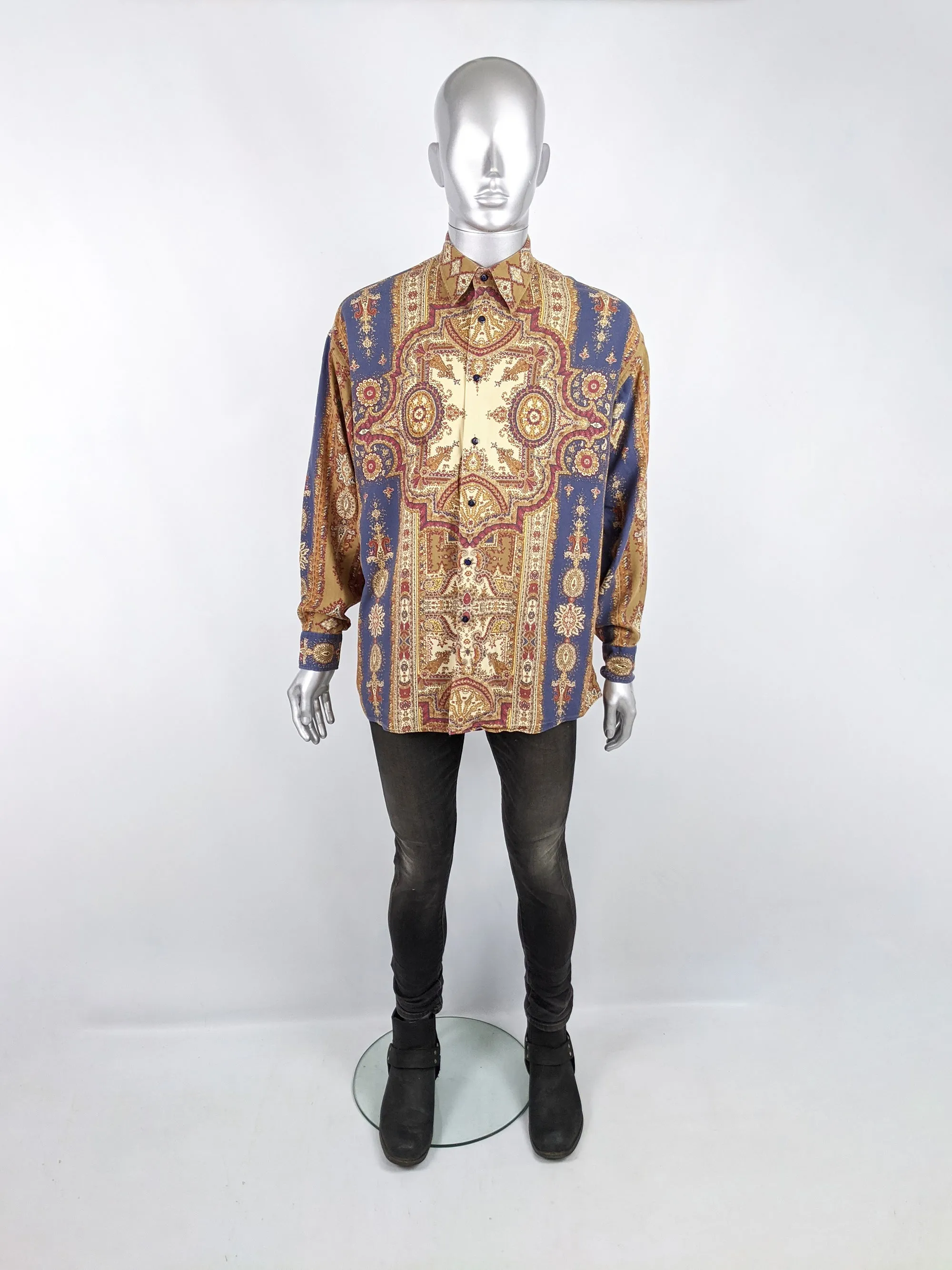 Mens Vintage Patterned Tapestry Print Long Sleeve Shirt, 1990s