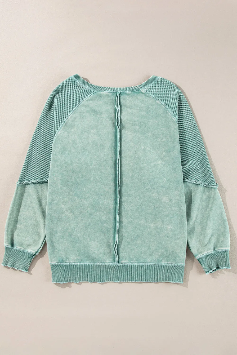 Mineral Blue Solid Waffle Knit Patchwork Raglan Sleeve Sweatshirt