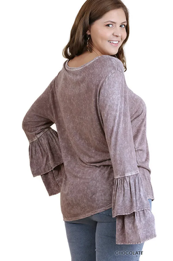 Mineral Washed Layered Ruffled Bell Sleeve Top, Truffle