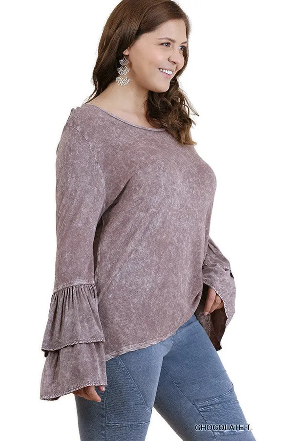 Mineral Washed Layered Ruffled Bell Sleeve Top, Truffle