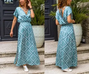 Mint Double Breasted Neck Slit Long Satin Dress,Maxi Dress,Short Sleeve Dress-Boho Wear Womens Dress-Casual Dress,Summer Dress