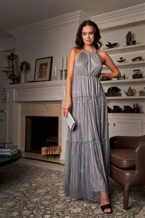 Mystic Grey Sleeveless Halter Neck Open Back Holographic Glitter Splashes Detail Tulle Gown /3-2-1