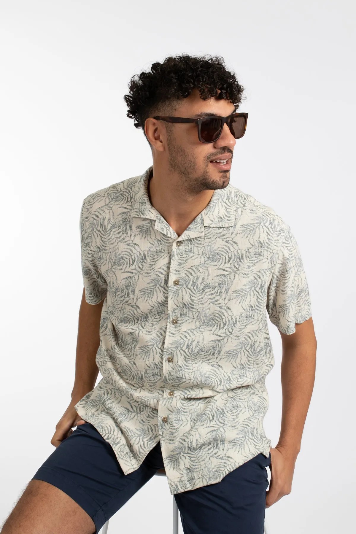 Natural Palm Pixel Cuban Collar Linen  Shirt