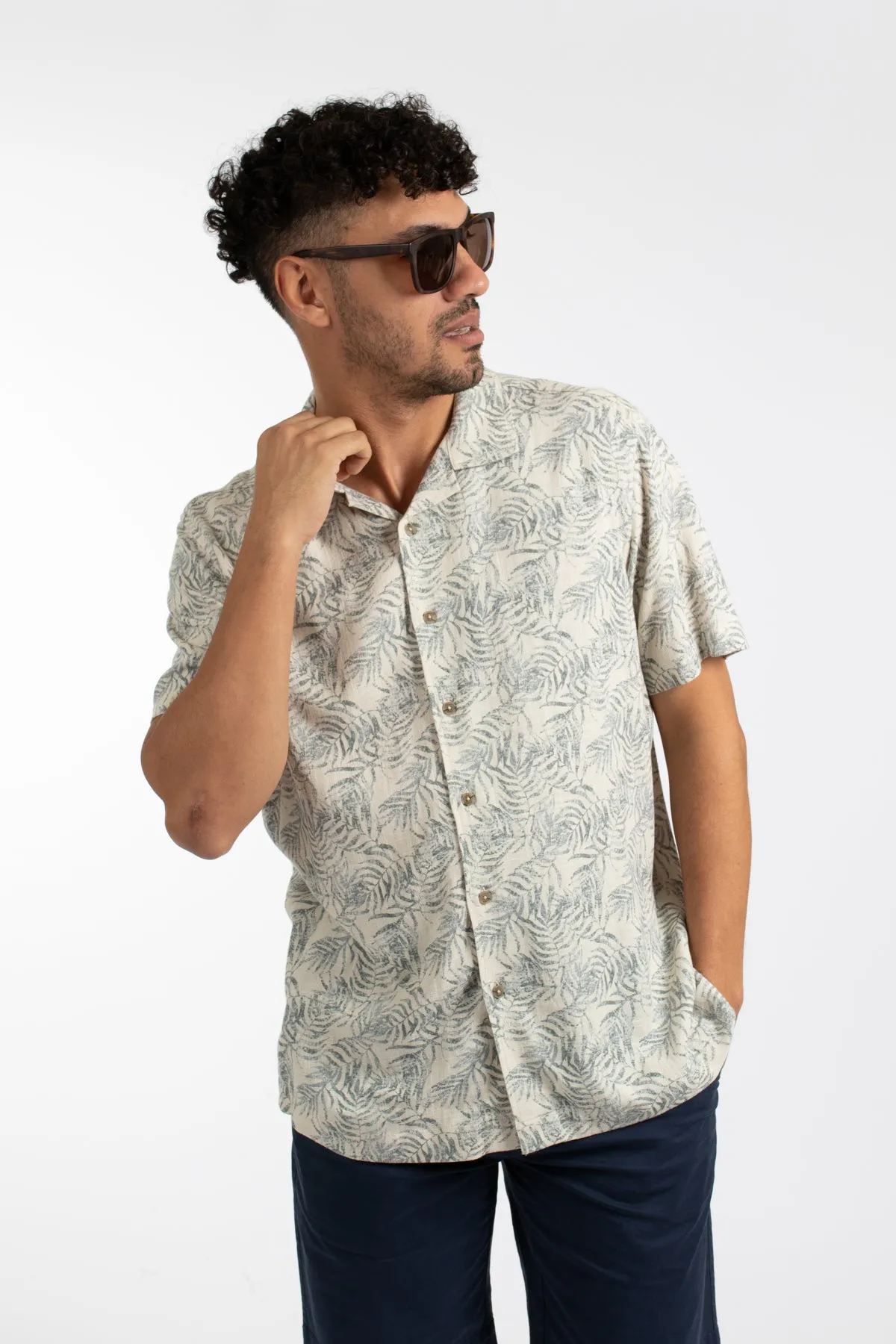 Natural Palm Pixel Cuban Collar Linen  Shirt