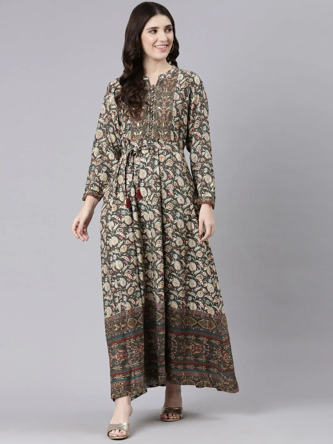 Neeru's Olive Straight Casual Printed Maxi Dresses