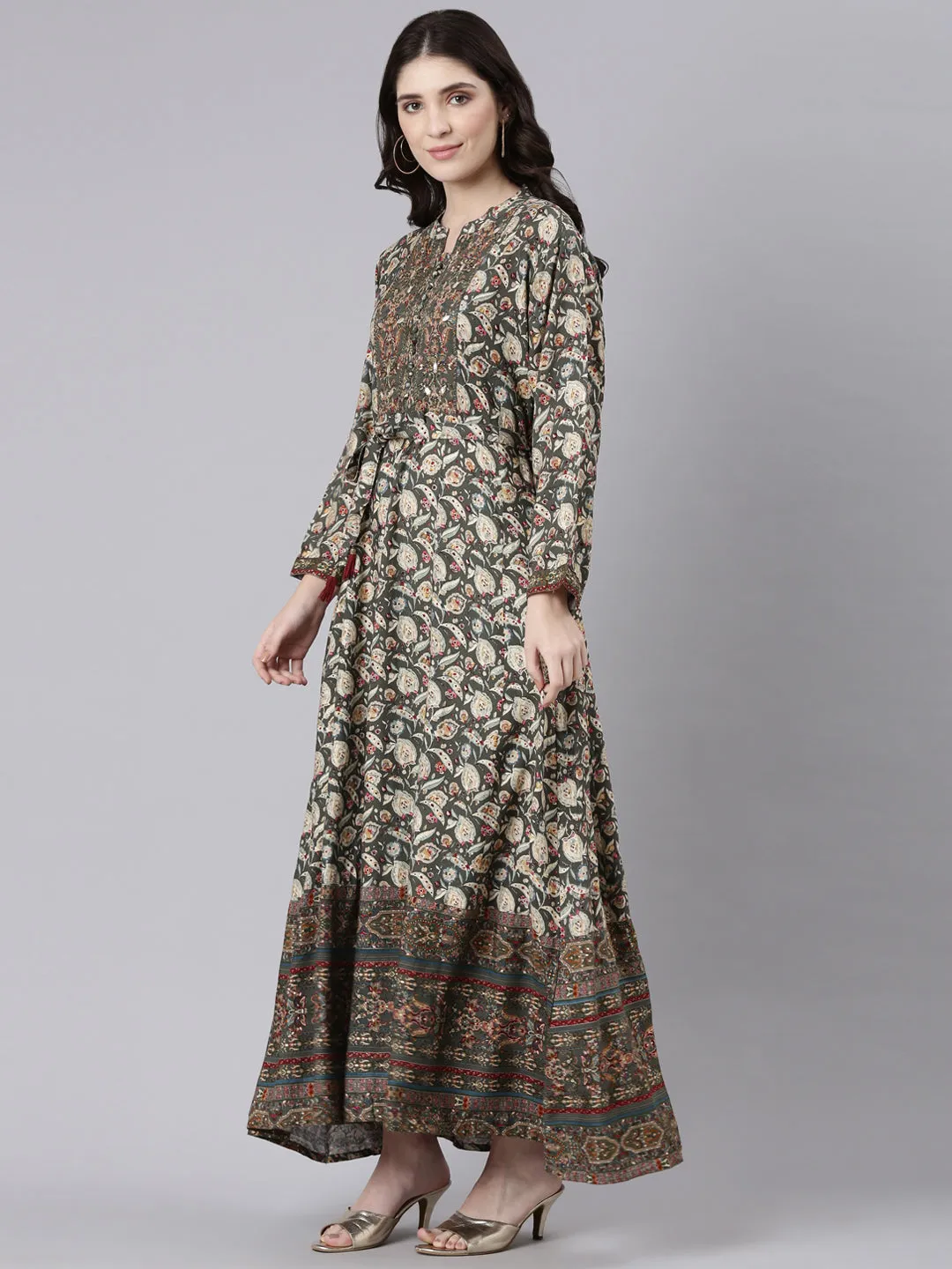 Neeru's Olive Straight Casual Printed Maxi Dresses