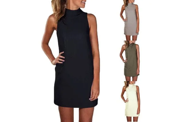 New Arrival Women Summer Sexy Party Dress Elegant Sleeveless Turtleneck Mini Dress