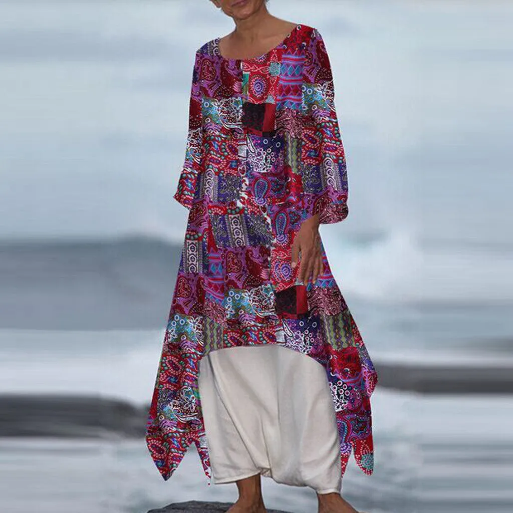 New Bohemian Style Feature Skirt Cotton and Linen Printed Long-Sleeved Dress