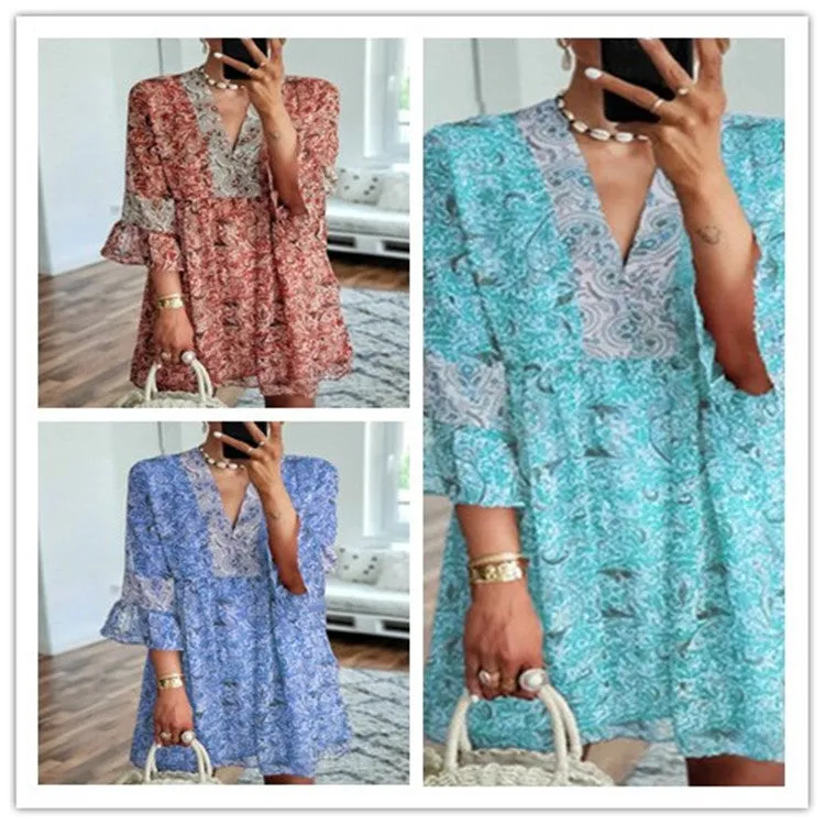 New Style Loose Women's Sleeved Chiffon Print Dress