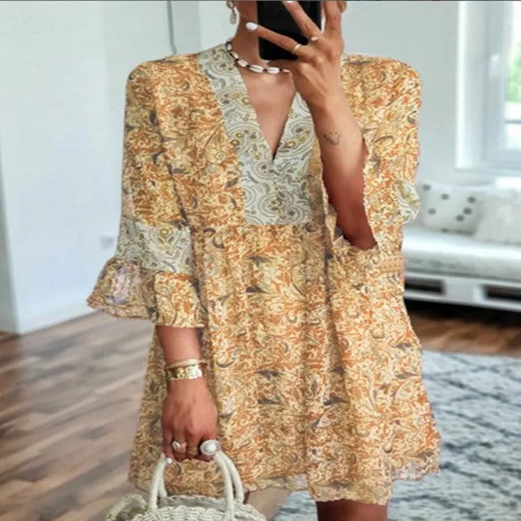 New Style Loose Women's Sleeved Chiffon Print Dress