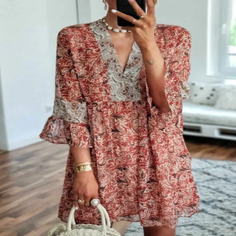 New Style Loose Women's Sleeved Chiffon Print Dress