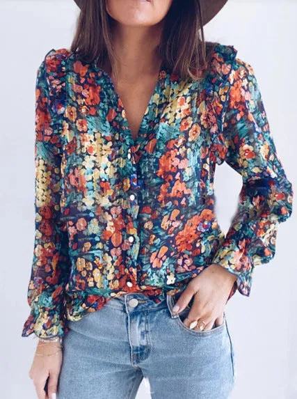 New Women's Fashion Long-sleeved Floral Top Loose Shirt