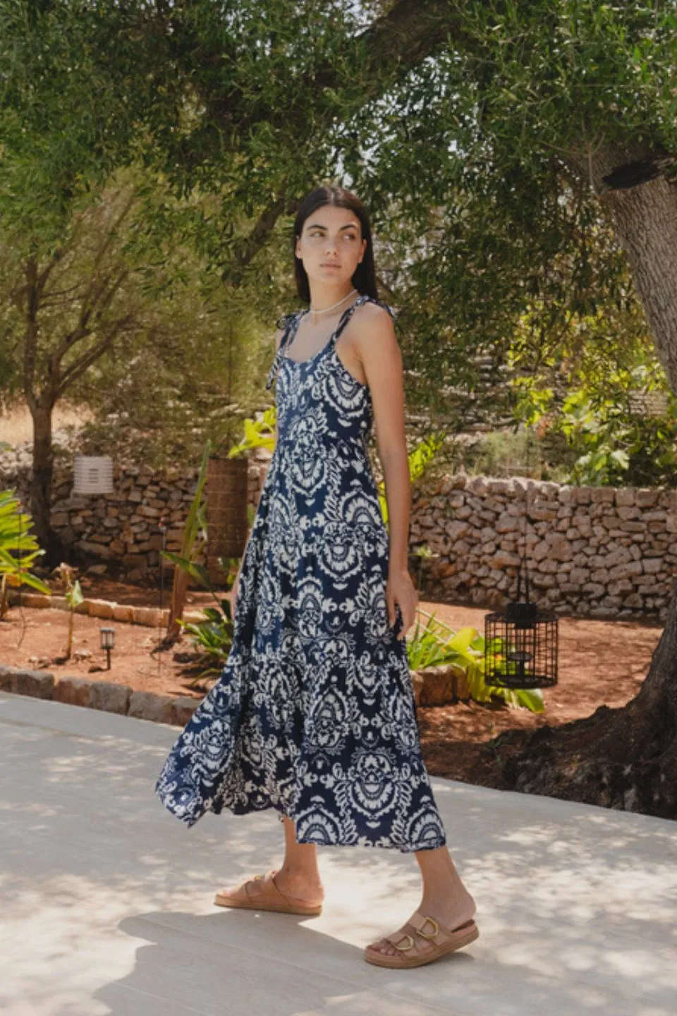 Nimbus Navy Tile Print Strappy Tiered Maxi Dress