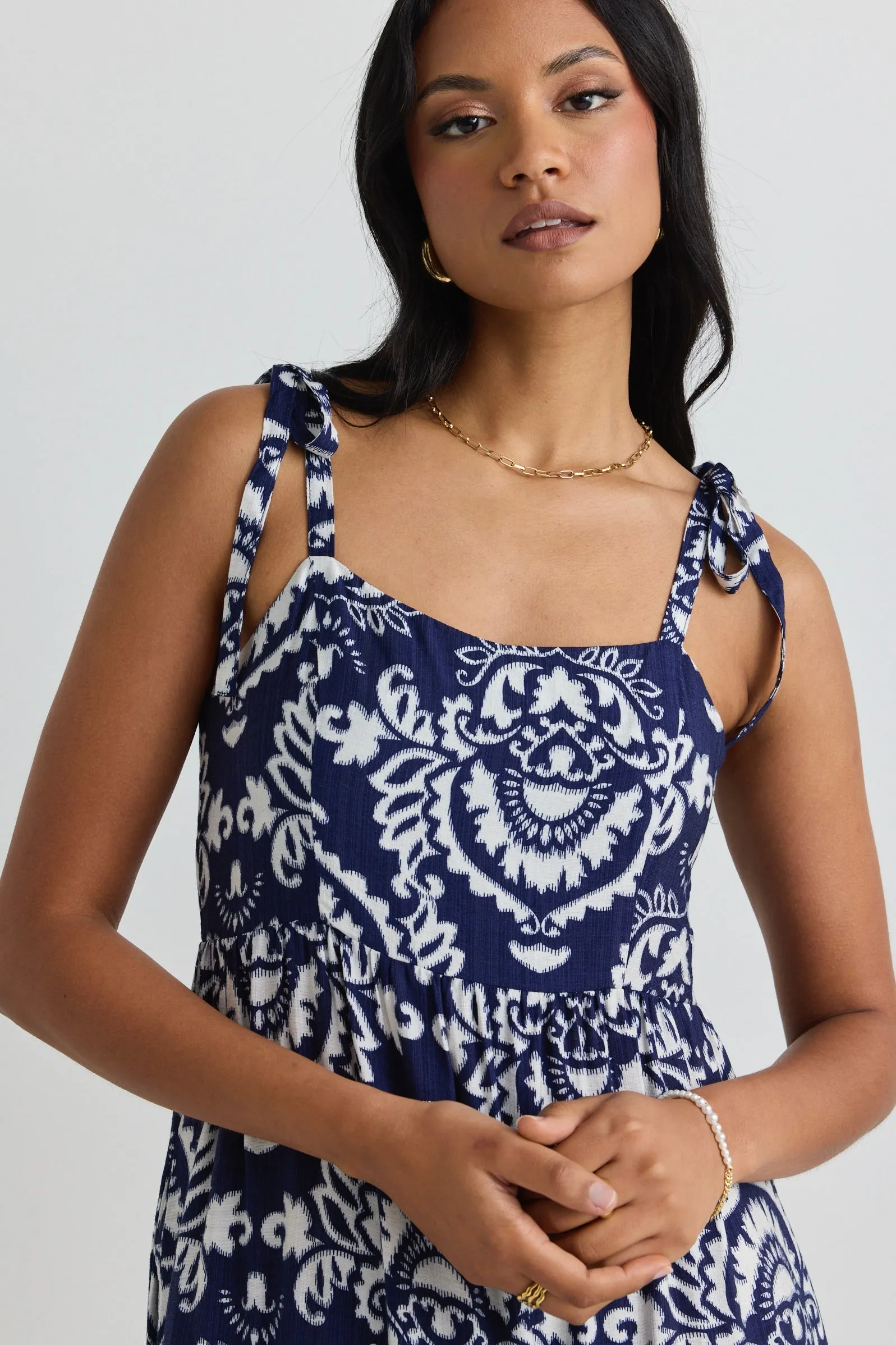 Nimbus Navy Tile Print Strappy Tiered Maxi Dress