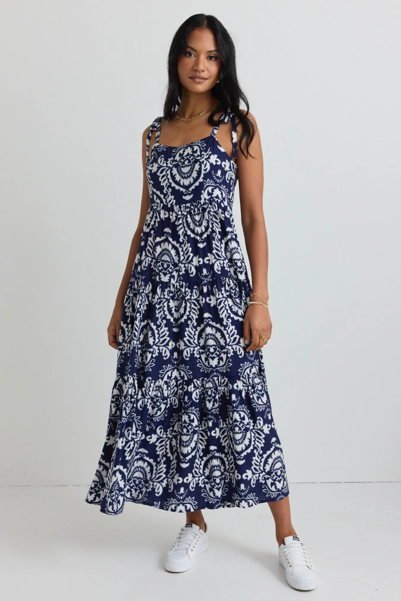 Nimbus Navy Tile Print Strappy Tiered Maxi Dress