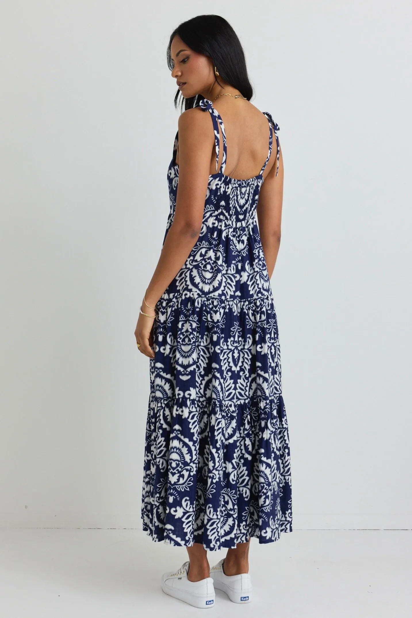 Nimbus Navy Tile Print Strappy Tiered Maxi Dress