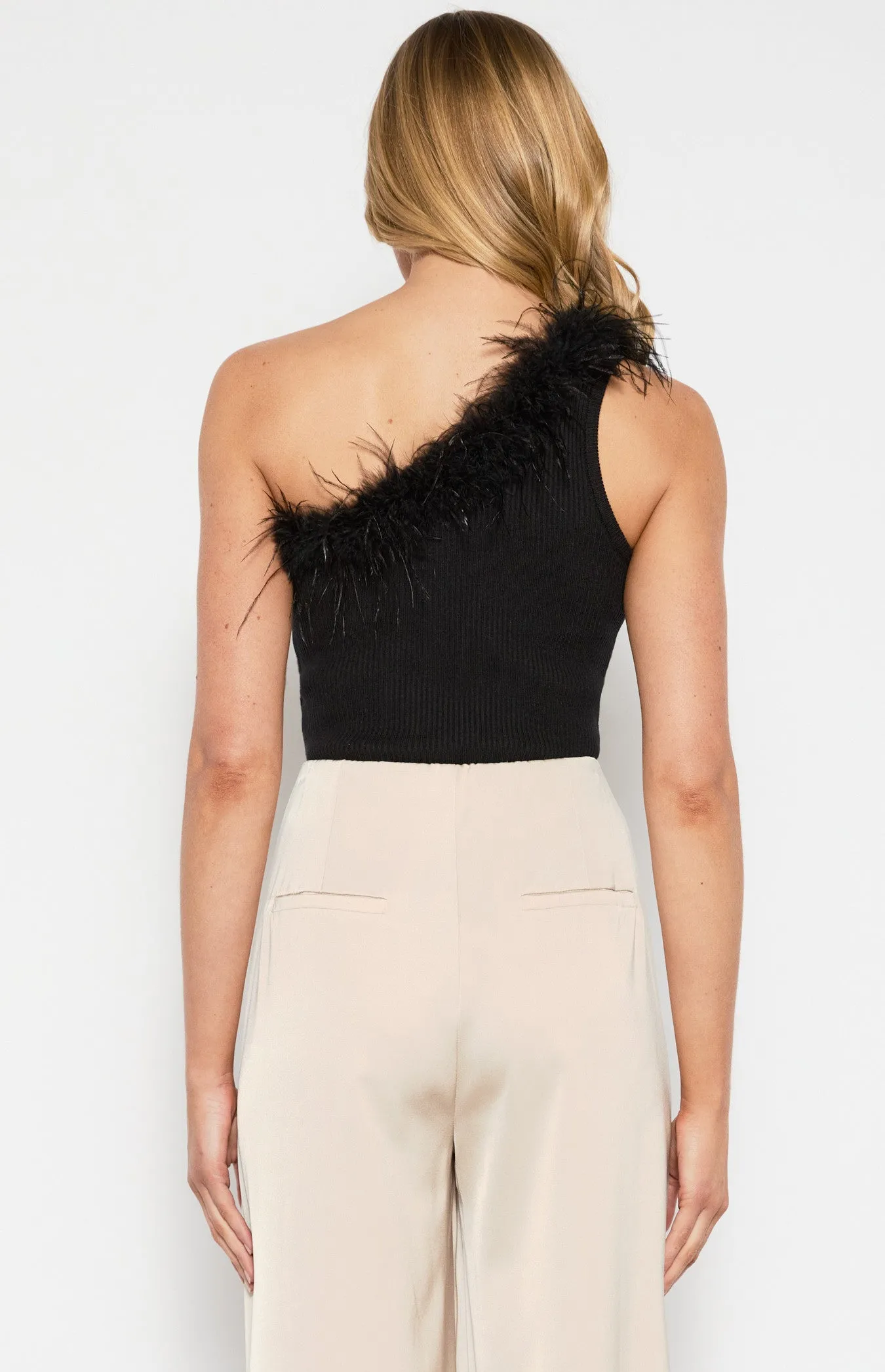 One Shoulder Feather Trim Knit Top