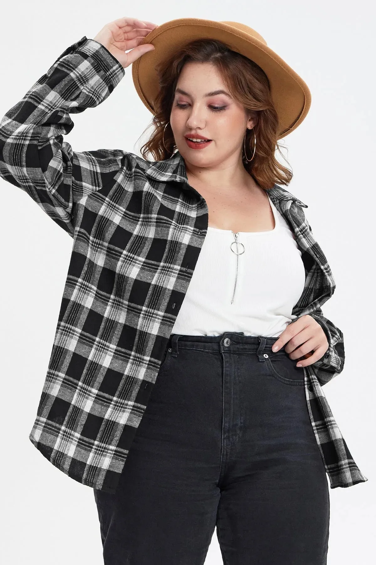 Plaid Black and White Button Down T-Shirt