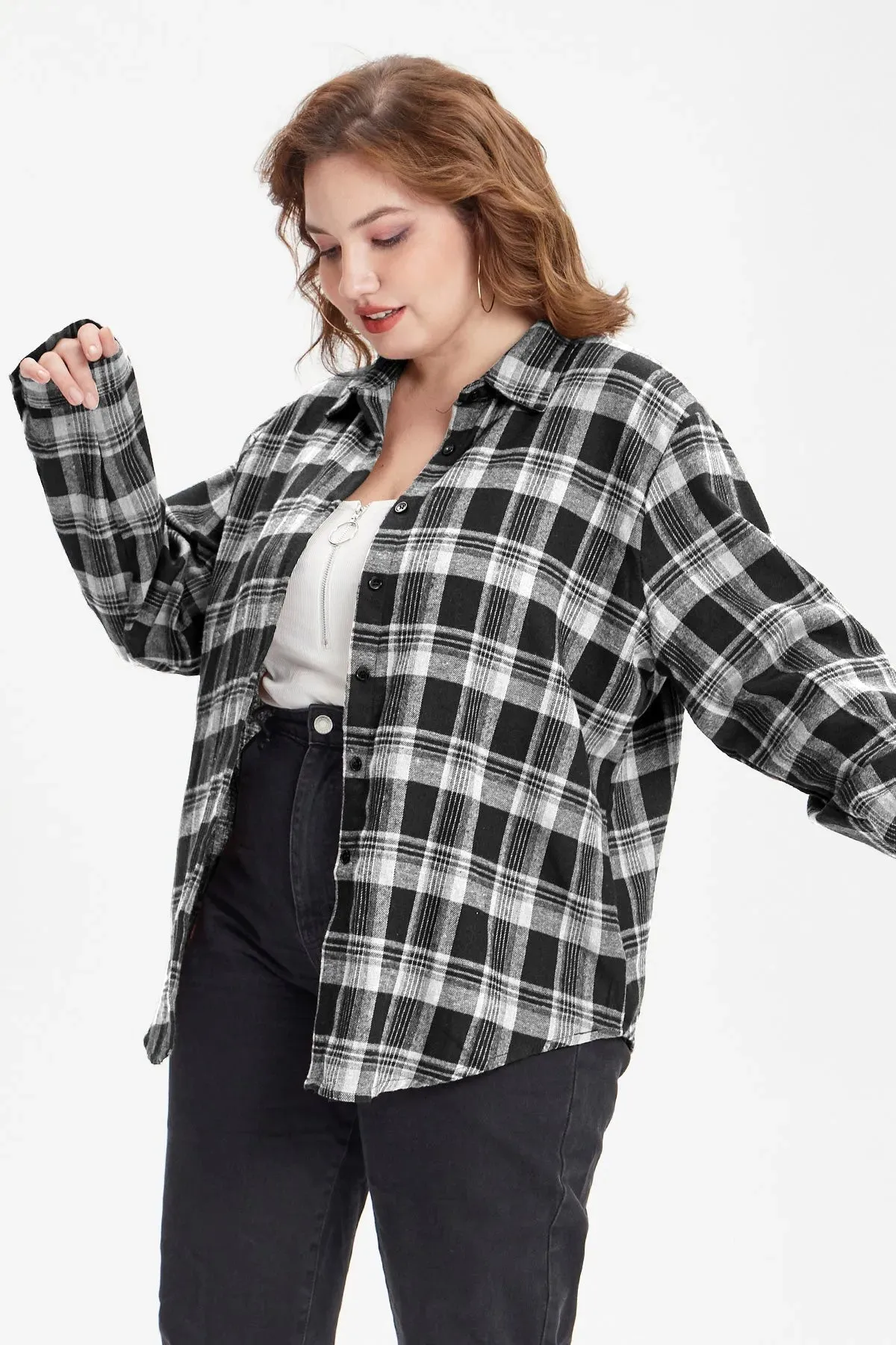 Plaid Black and White Button Down T-Shirt