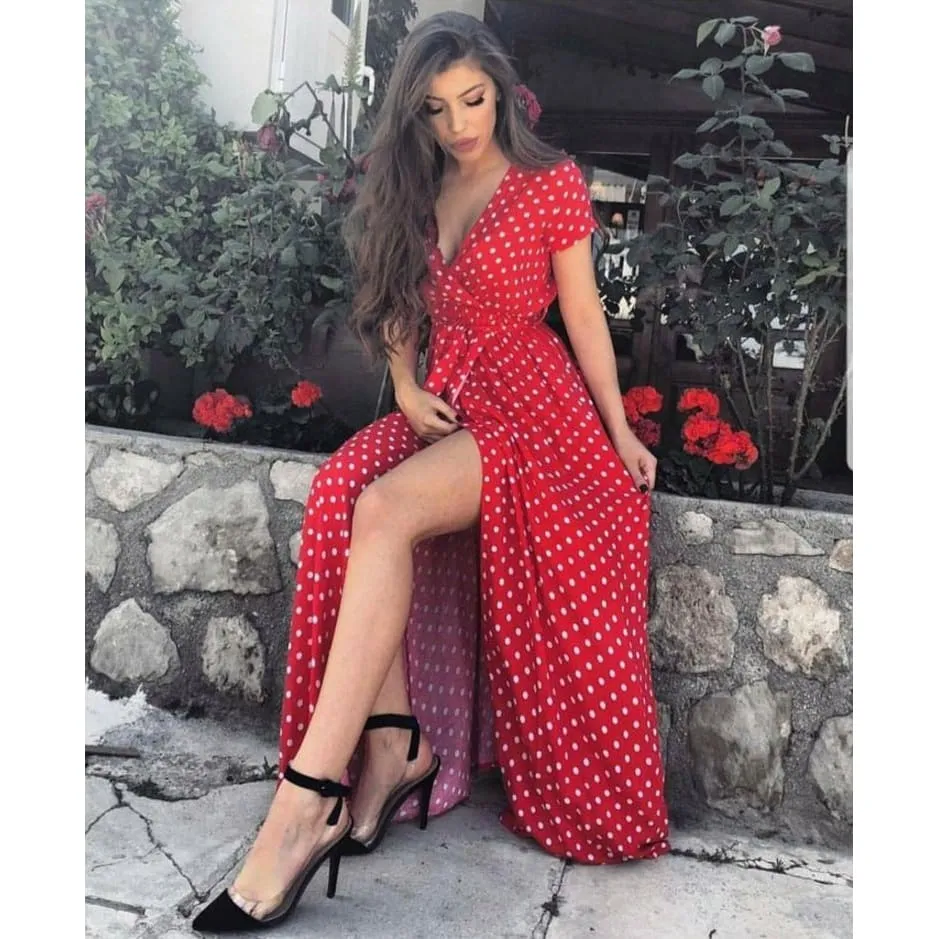 Plunging Neck Side Split Short Sleeve Polka Dot Print Maxi Long Dress