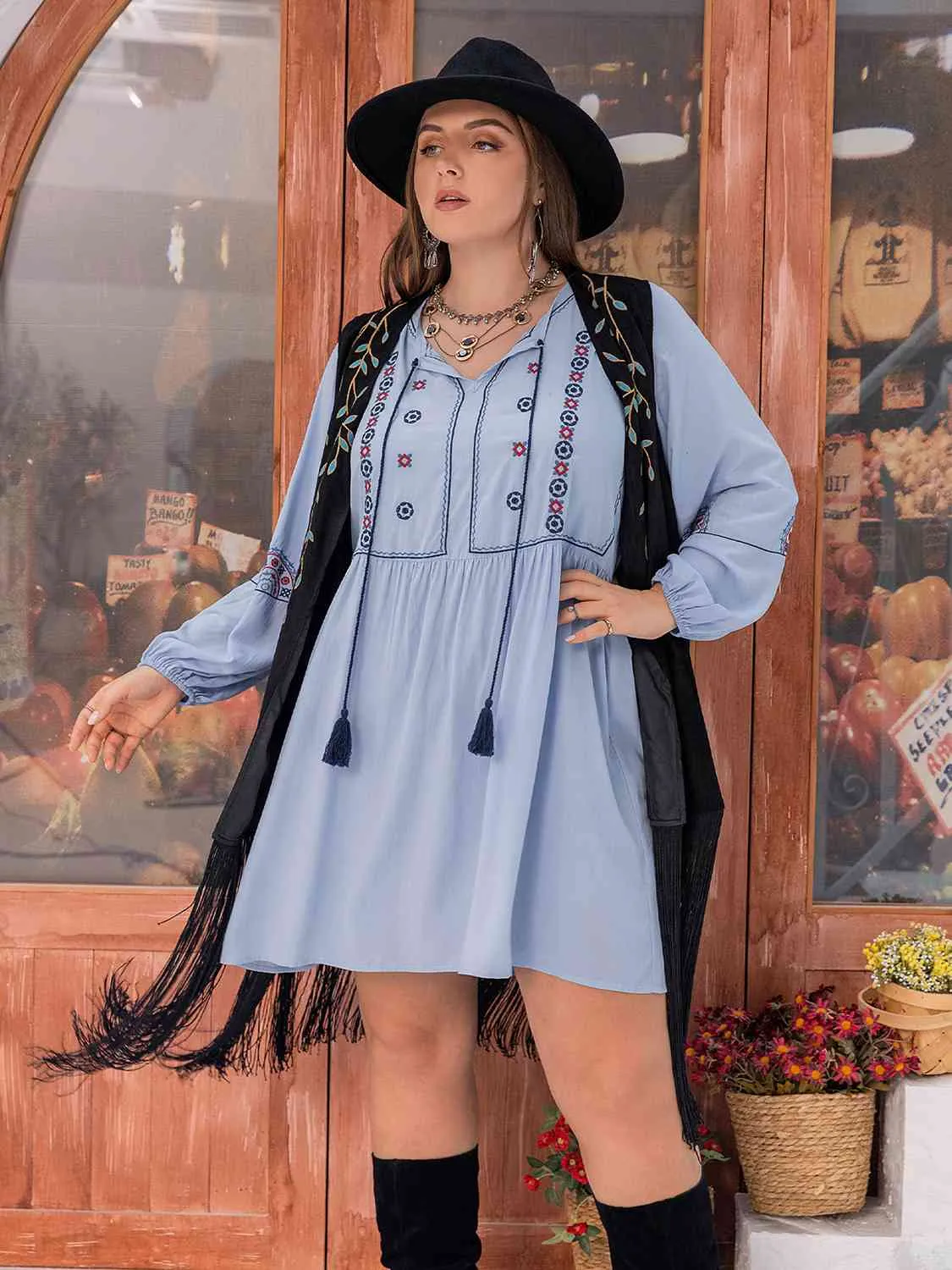 Plus Size Tie Neck Tassel Detail Long Sleeve Mini Dress (MWBT) T