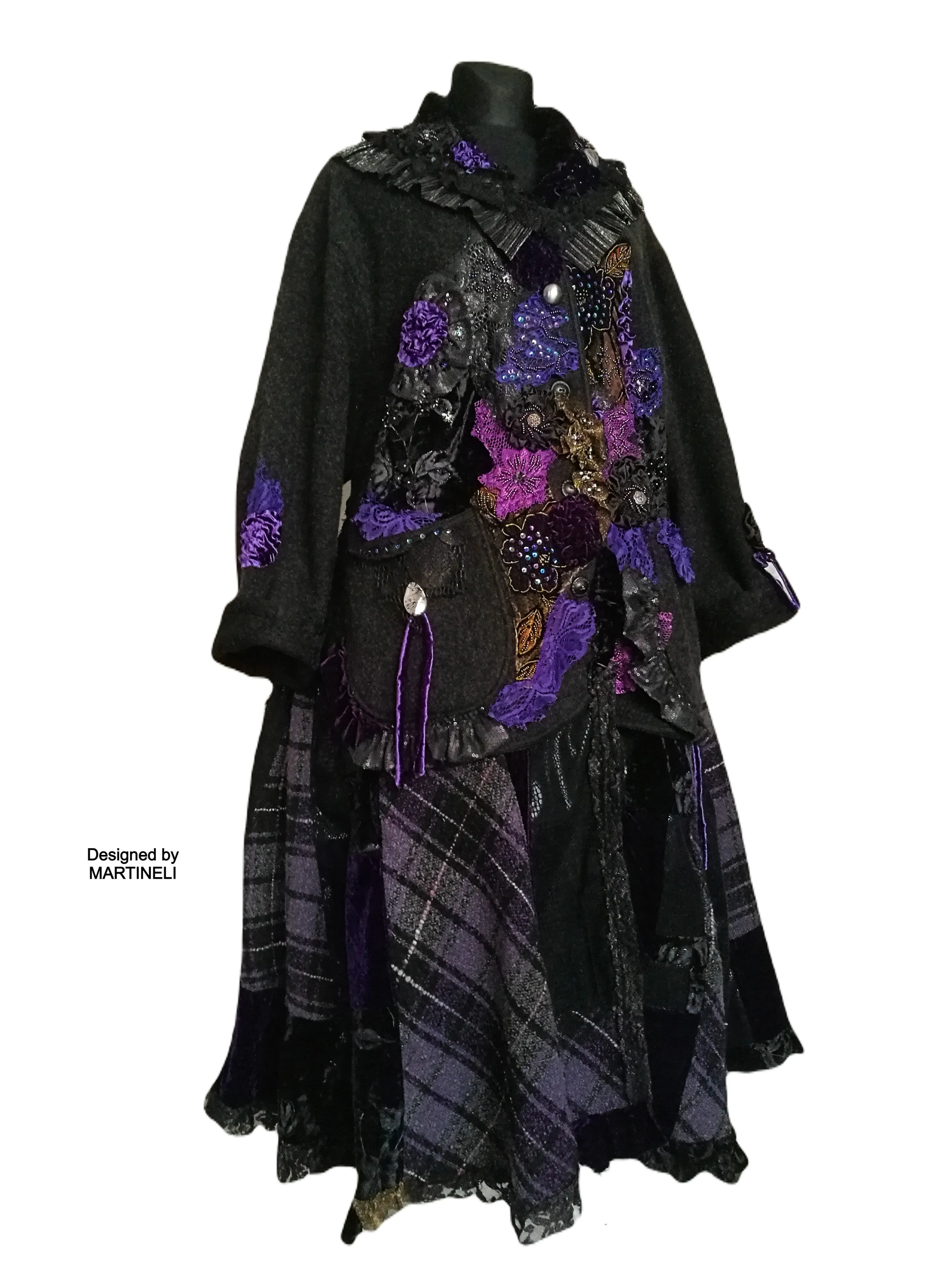 Plus Size Wool Coat,3XL Black Maxi Coat,Boho Embroidered Coat