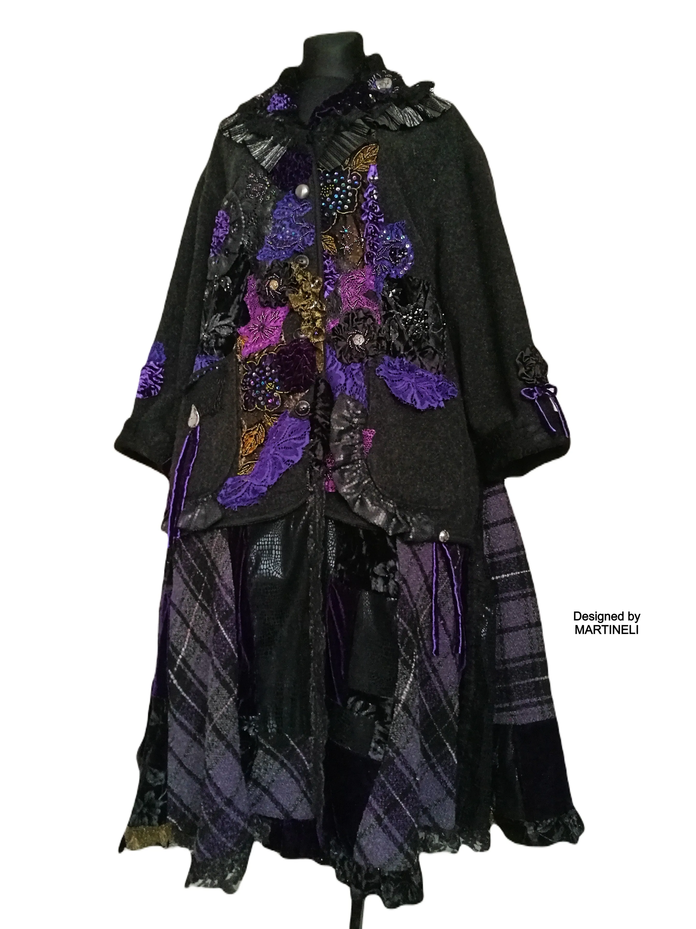 Plus Size Wool Coat,3XL Black Maxi Coat,Boho Embroidered Coat