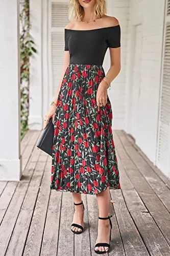 PRETTYGARDEN Women's 2023 Summer Patchwork Maxi Dress Casual Off The Shoulder Short Sleeve Pleated Long Dresses (Black Rose,Medium)