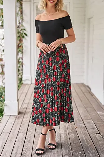 PRETTYGARDEN Women's 2023 Summer Patchwork Maxi Dress Casual Off The Shoulder Short Sleeve Pleated Long Dresses (Black Rose,Medium)