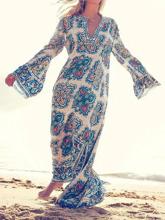 Printed Round Neck Slit Long Sleeve Long Dress