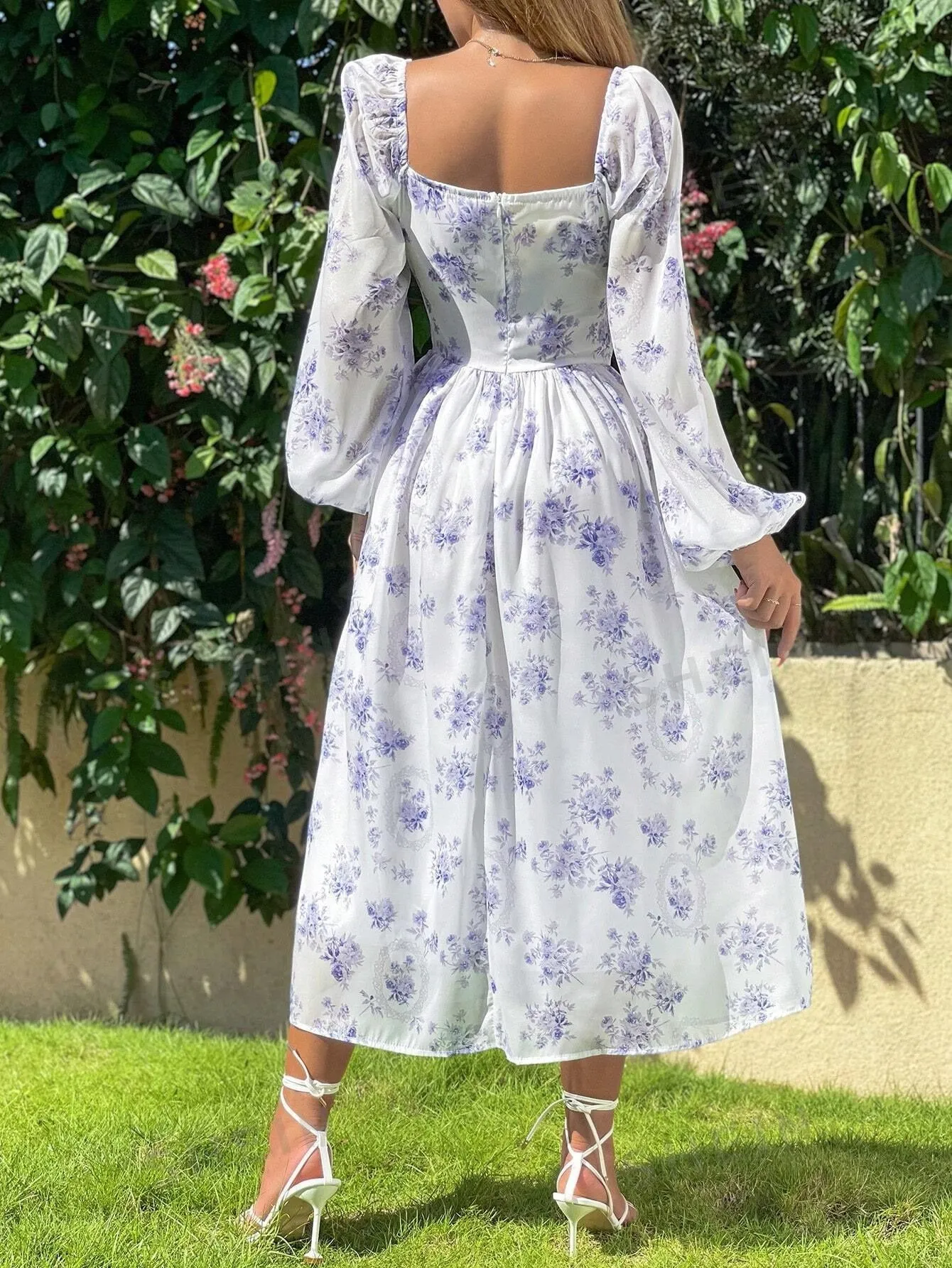 Purple Floral Lantern Sleeve Pleated Dress