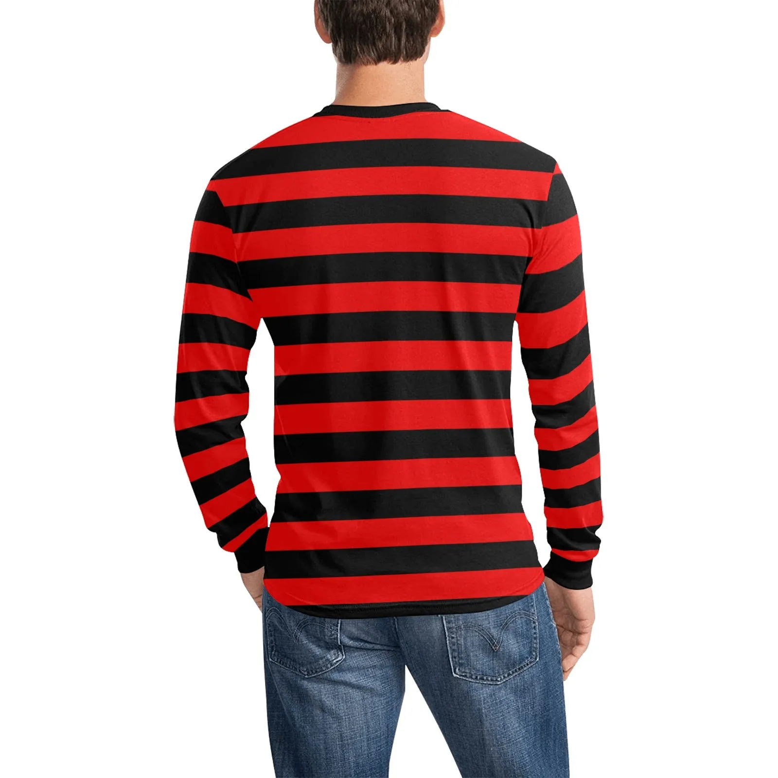 Red and Black Striped TShirt Men Long Sleeve, Graphic Vintage Retro Stripes Crewneck Unisex Women Halloween Punk Designer Tee