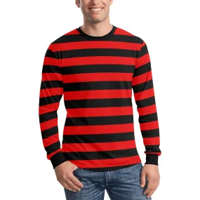 Red and Black Striped TShirt Men Long Sleeve, Graphic Vintage Retro Stripes Crewneck Unisex Women Halloween Punk Designer Tee