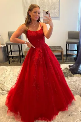 Red Spaghetti Straps Long Prom Dress with Appliques     fg84