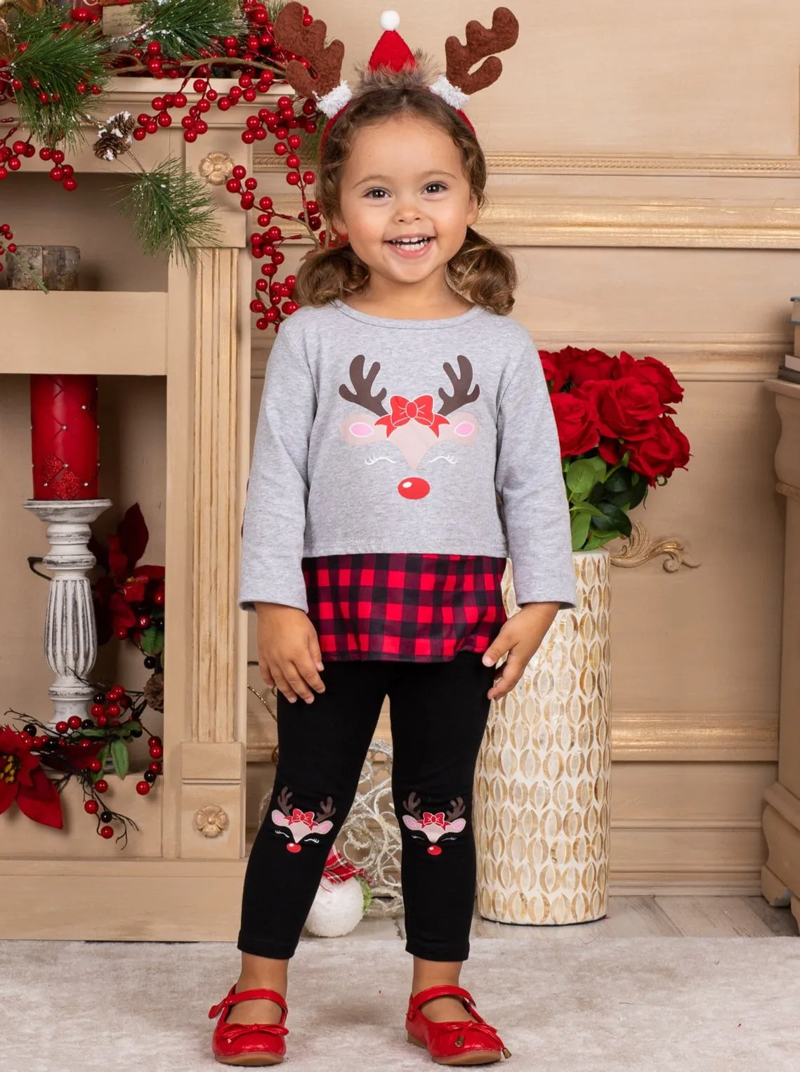 Reindeer Slay Plaid Patched Legging Set