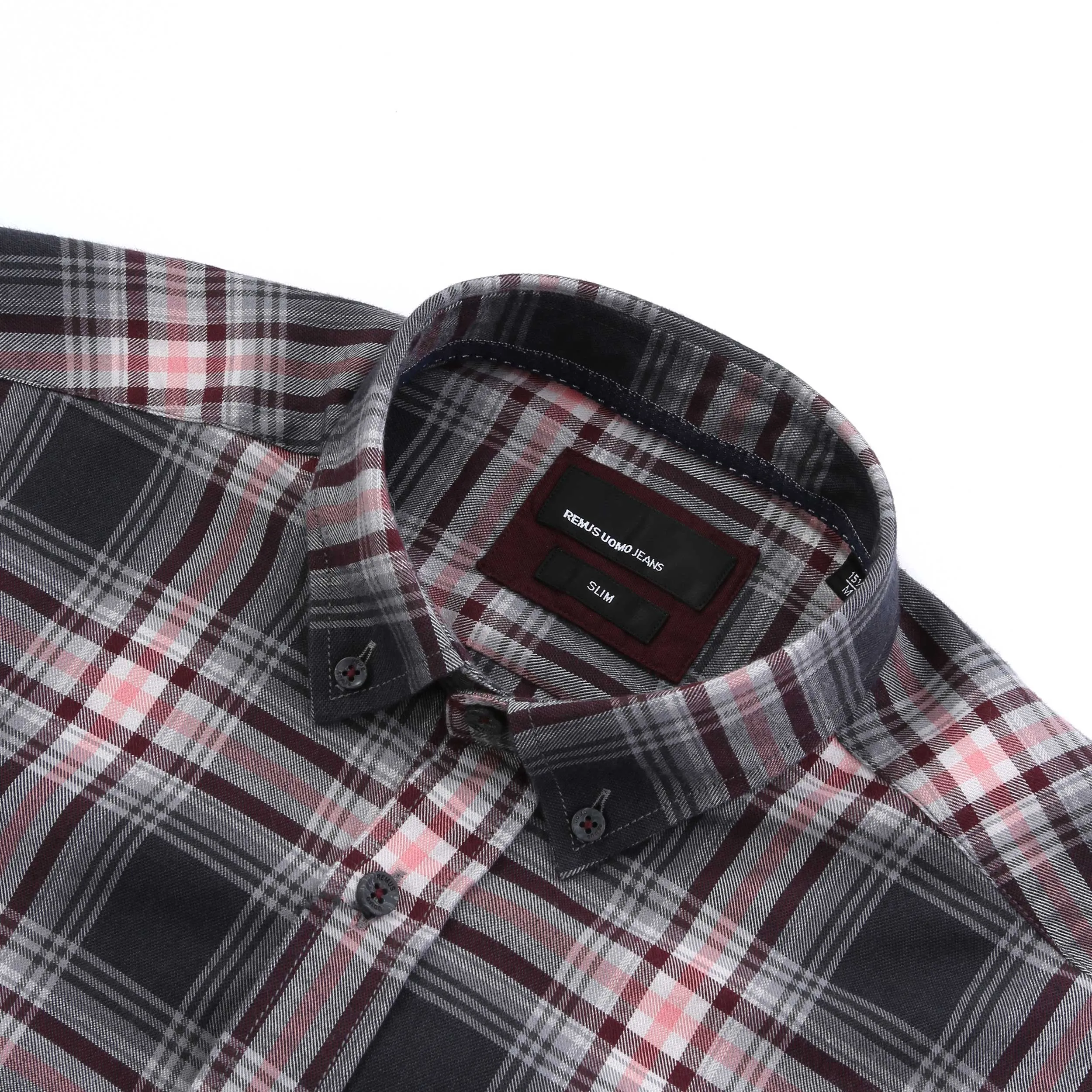 Remus Uomo Button Down Check Shirt in Grey Pink Check