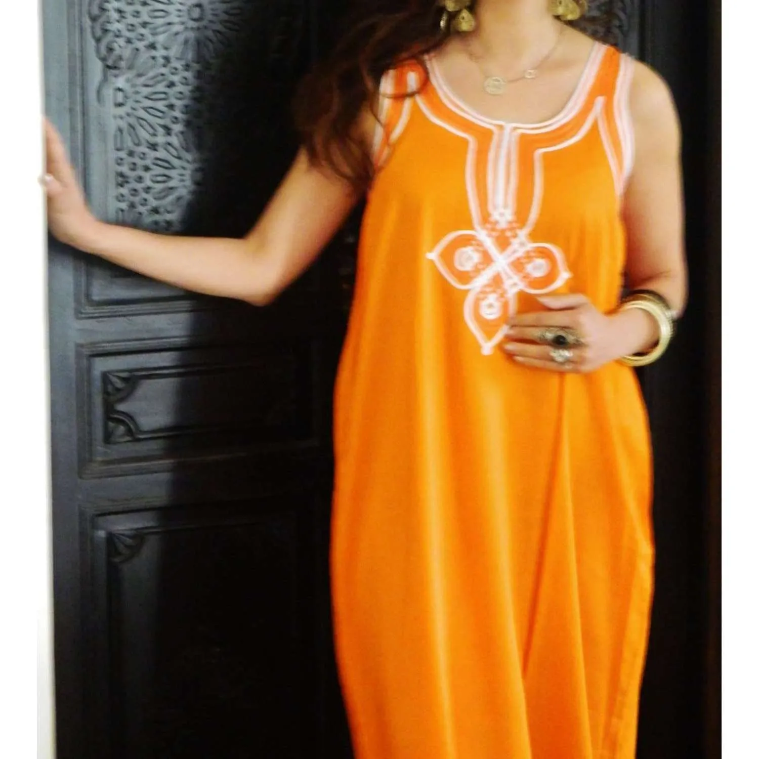 Resort Non-Sleeve Orange Kaftan Agadir Style