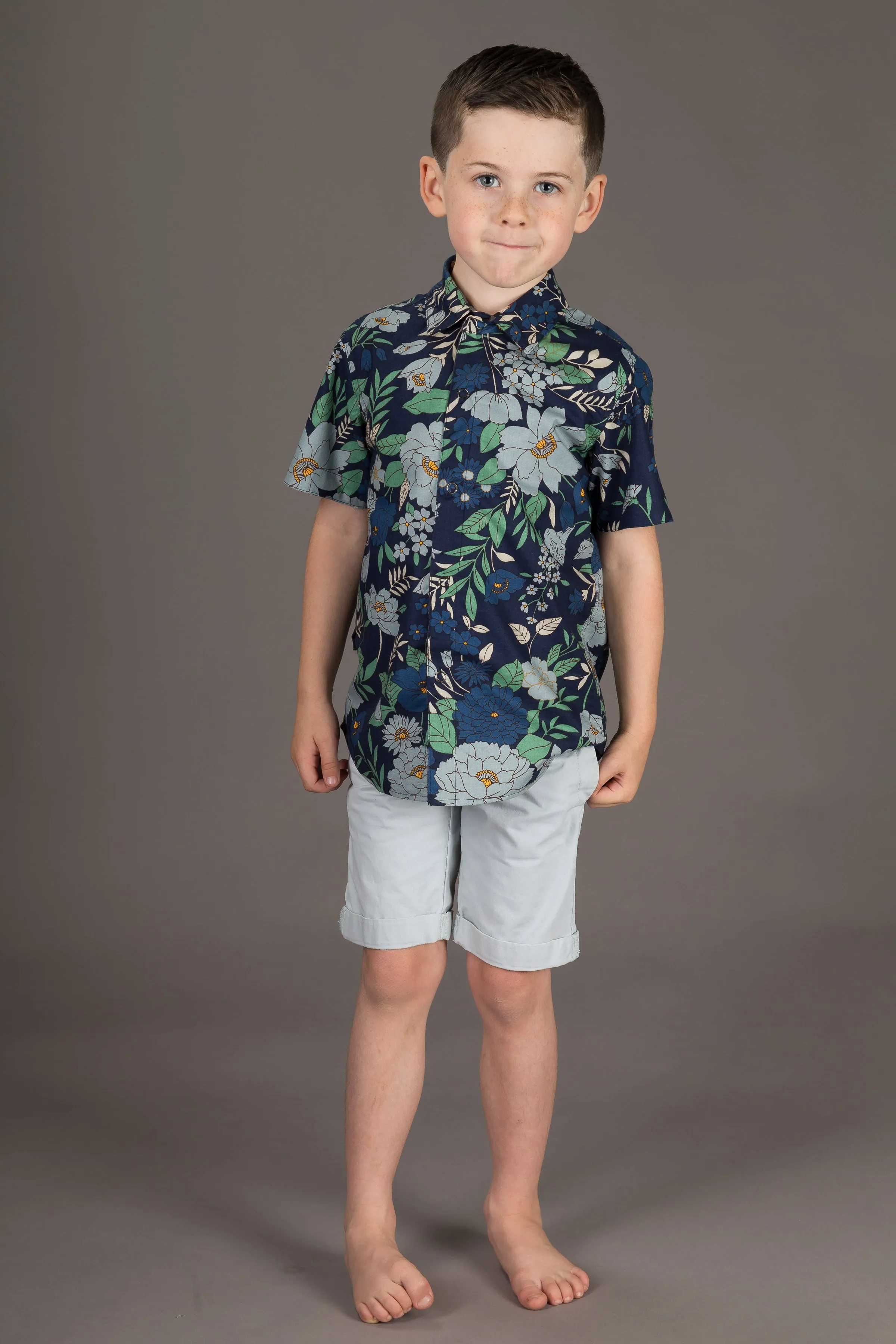 Reversible Boys Cotton Blue Floral Grey Geometric Print Short Sleeve Shirt