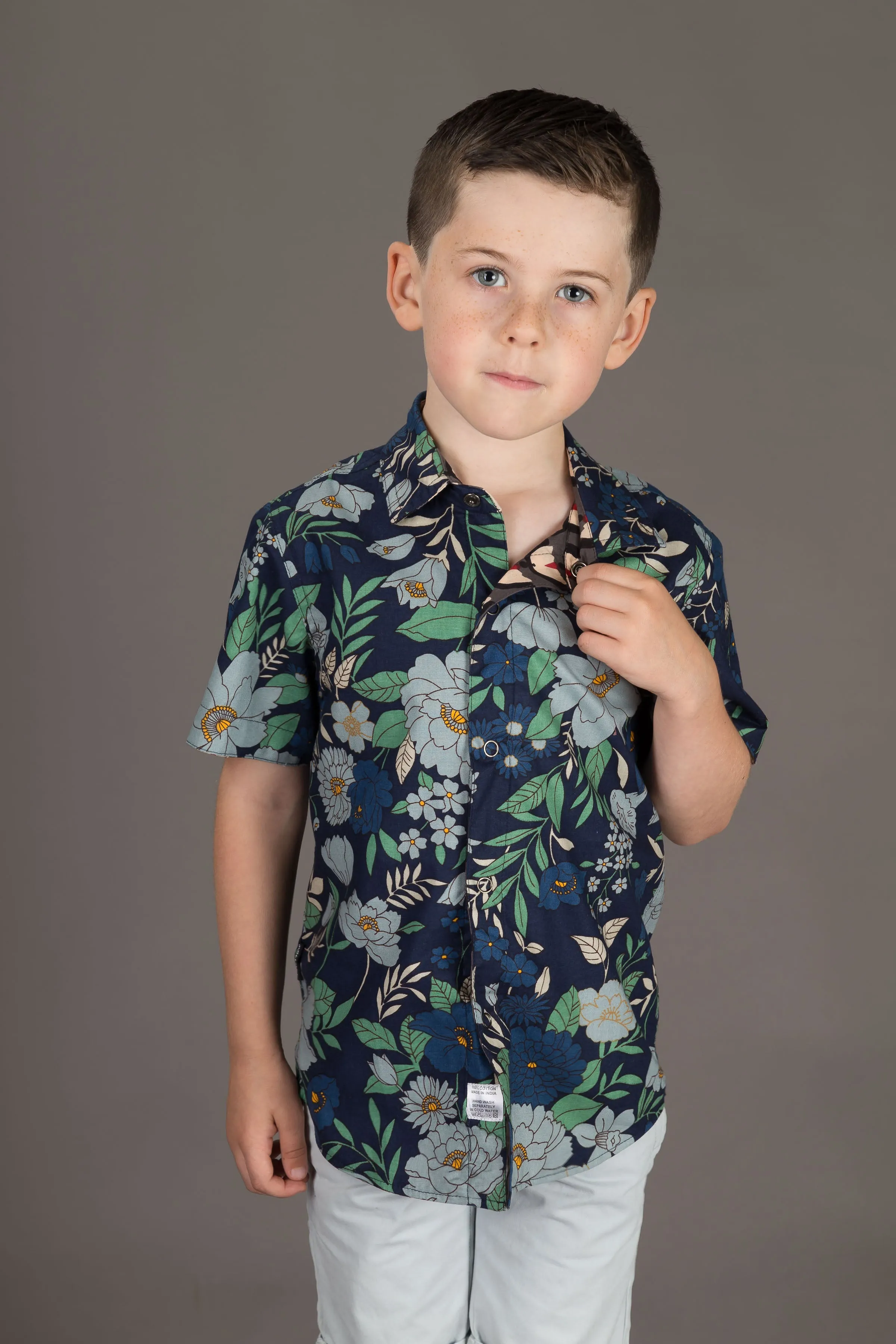 Reversible Boys Cotton Blue Floral Grey Geometric Print Short Sleeve Shirt