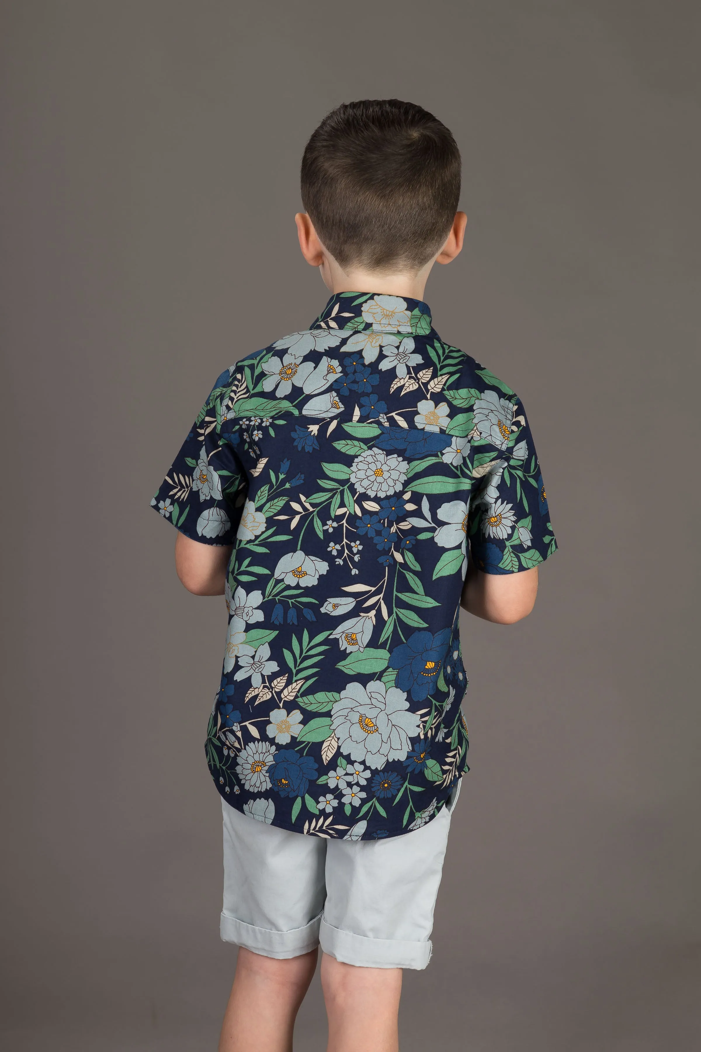 Reversible Boys Cotton Blue Floral Grey Geometric Print Short Sleeve Shirt