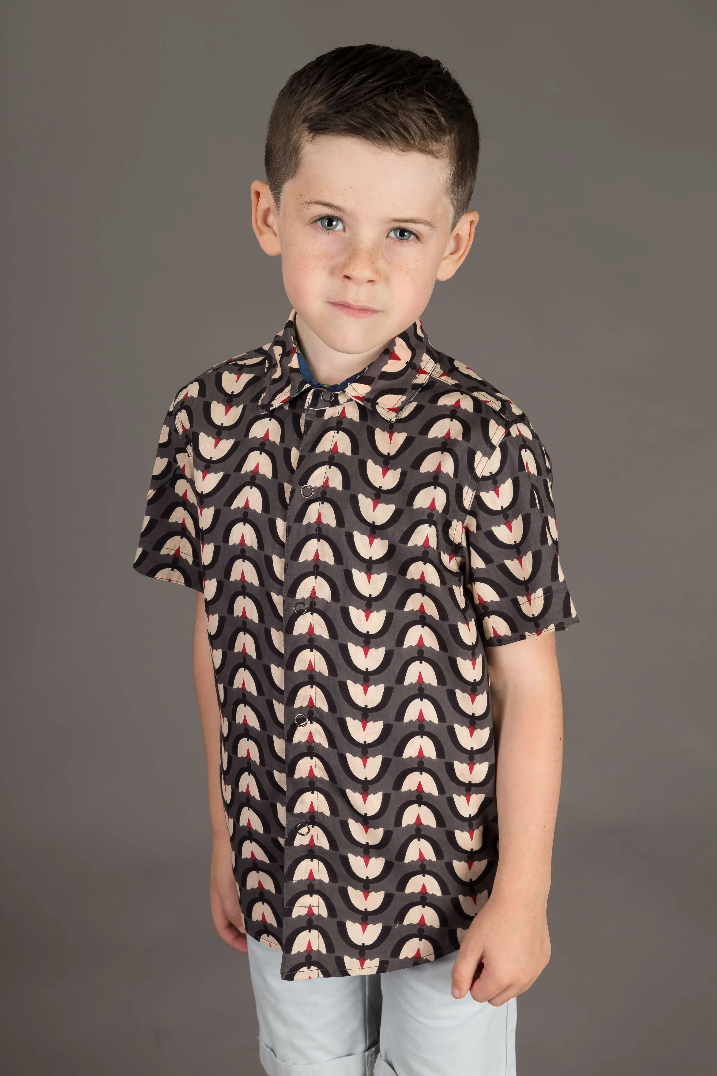 Reversible Boys Cotton Blue Floral Grey Geometric Print Short Sleeve Shirt