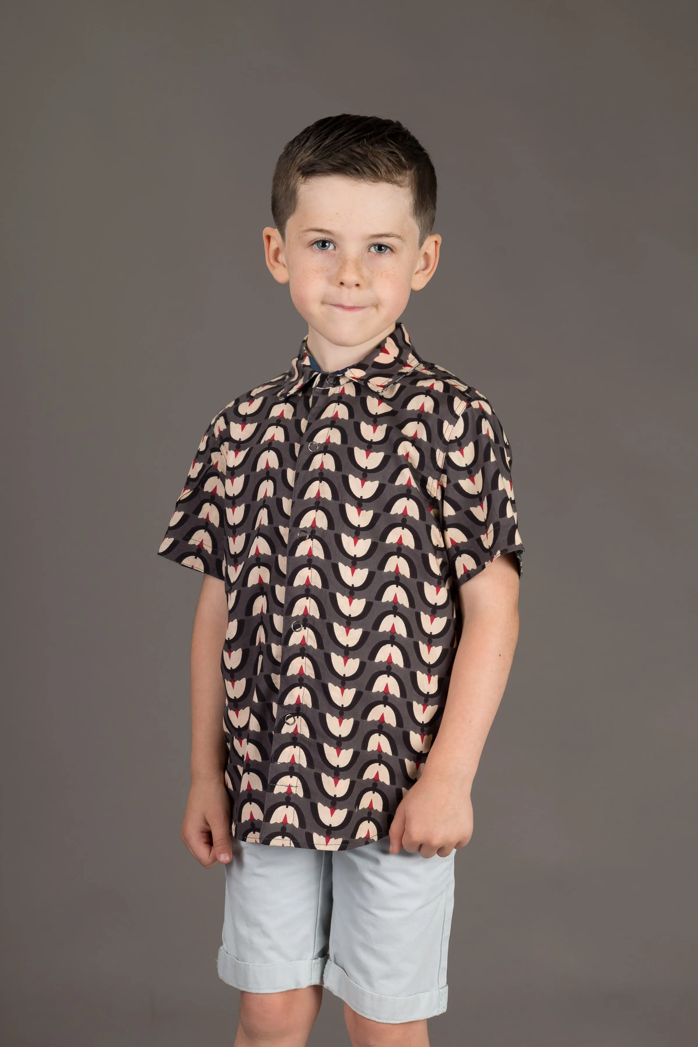 Reversible Boys Cotton Blue Floral Grey Geometric Print Short Sleeve Shirt