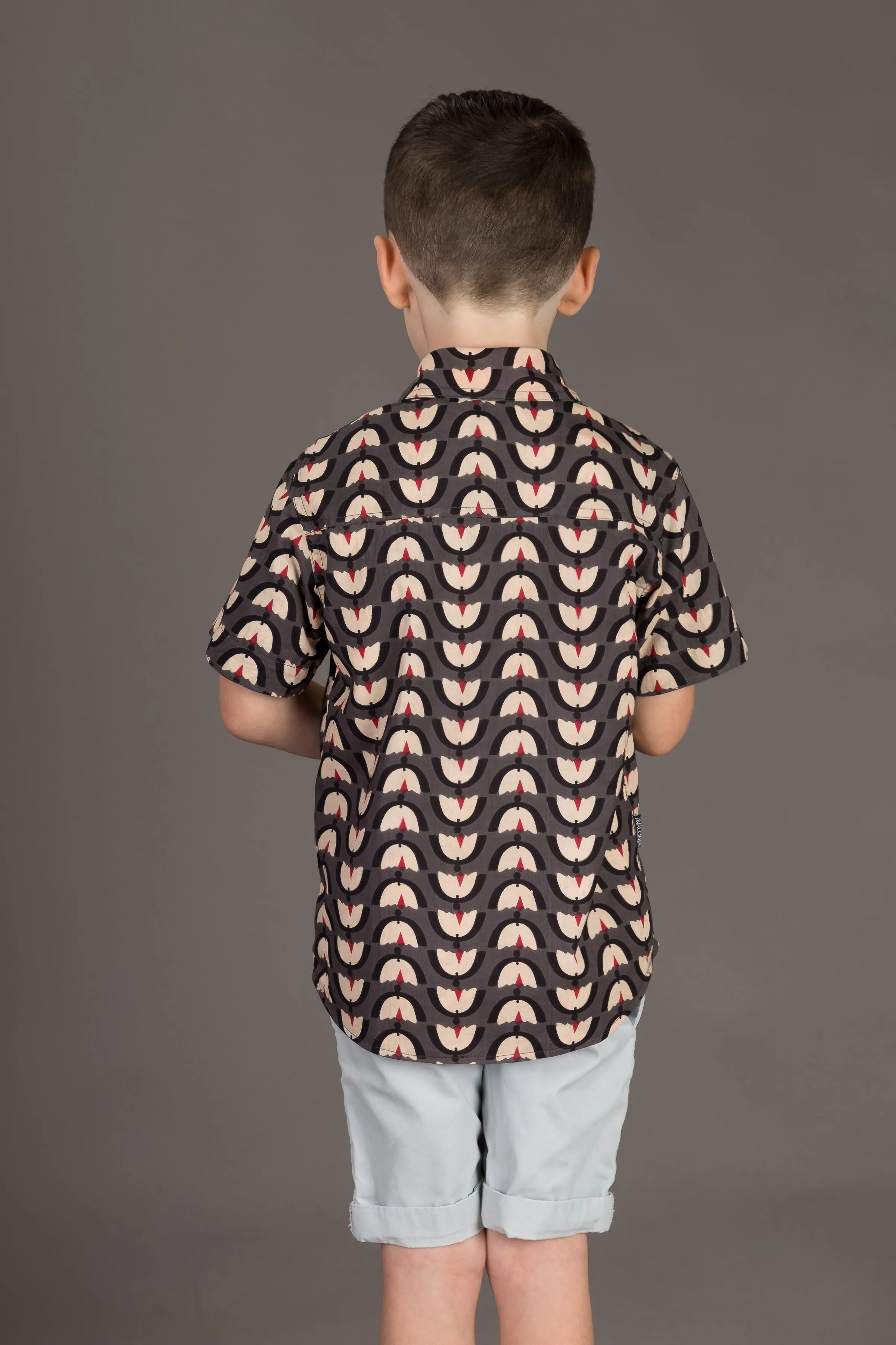 Reversible Boys Cotton Blue Floral Grey Geometric Print Short Sleeve Shirt