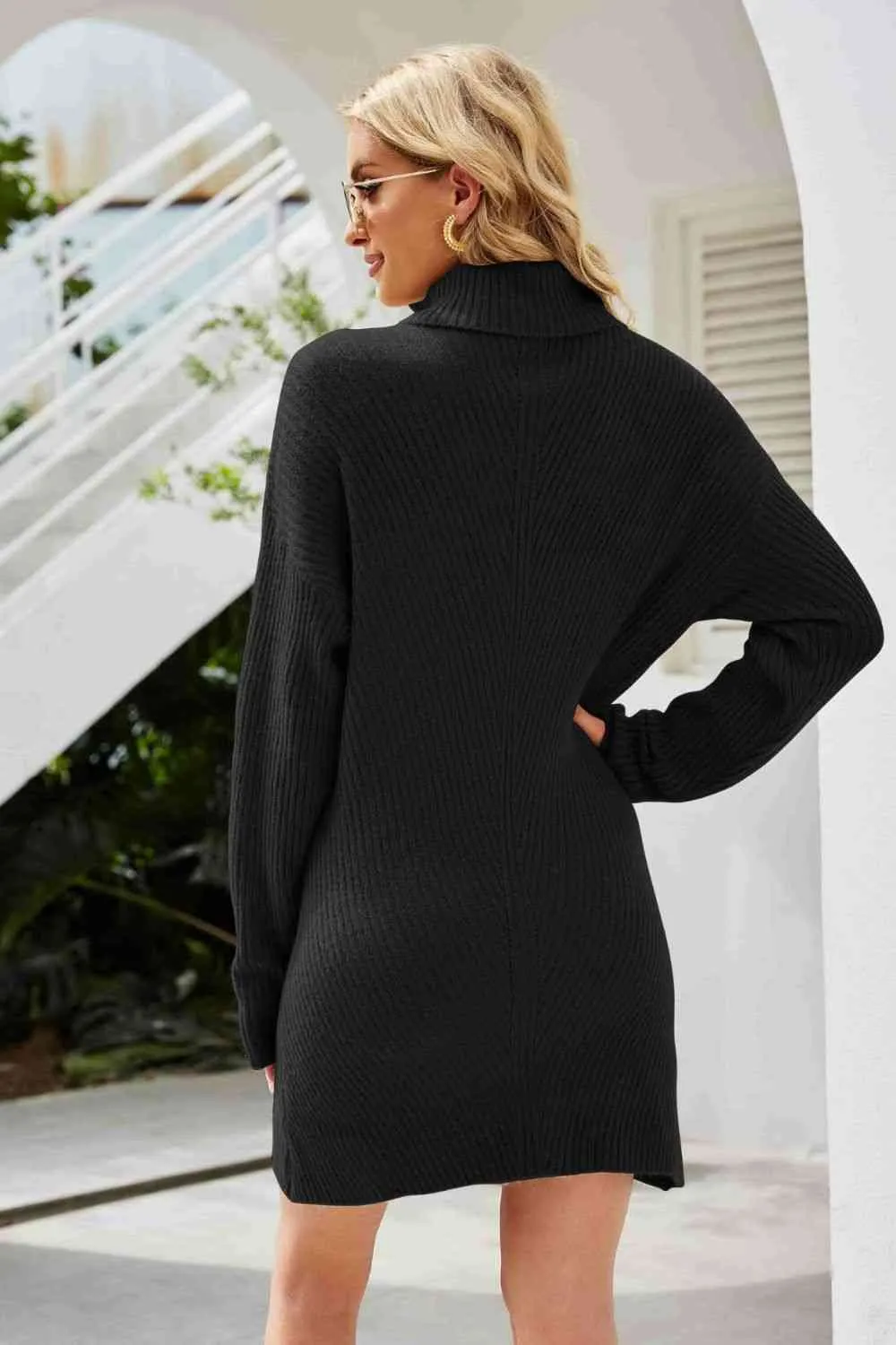 Rib-Knit Turtleneck Drop Shoulder Sweater Dress