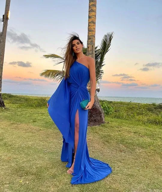 Royal Blue One Shoulder Long Evening Dress With Slit,Wedding Guest Outfit     fg4717